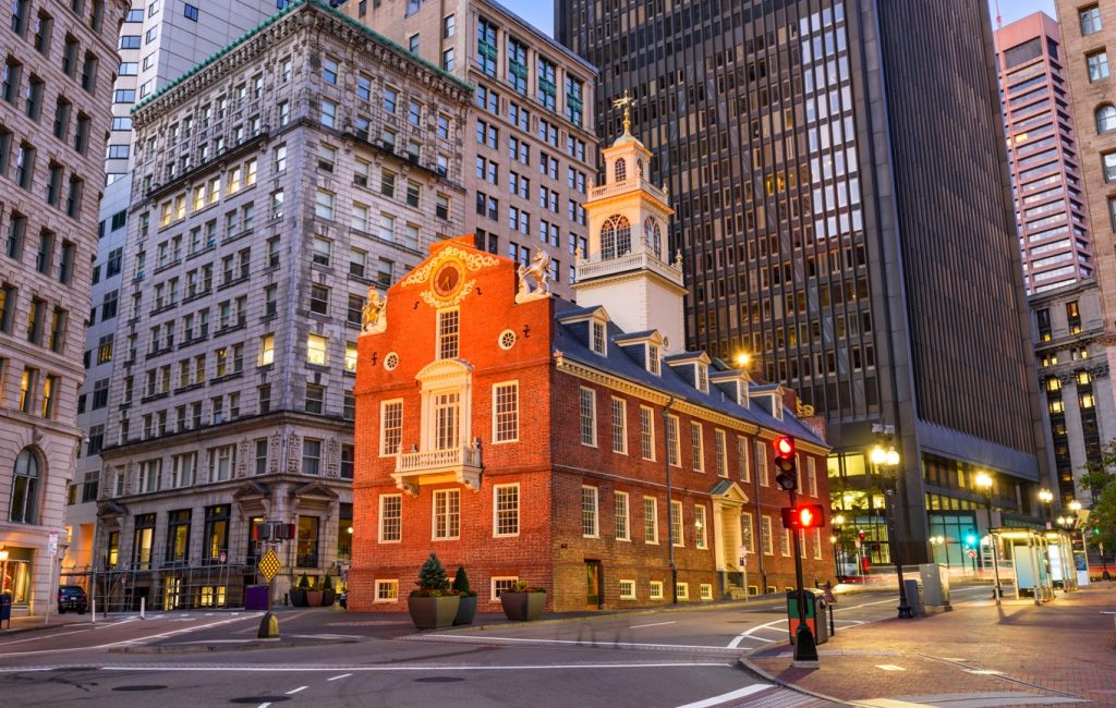 Boston, Massachusetts, USA cityscape at the Old State House.