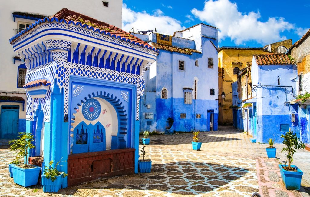 Beautiful view of the square in the blue city of Chefchaouen. Location: Chefchaouen, Morocco, Africa. Artistic picture. Beauty world